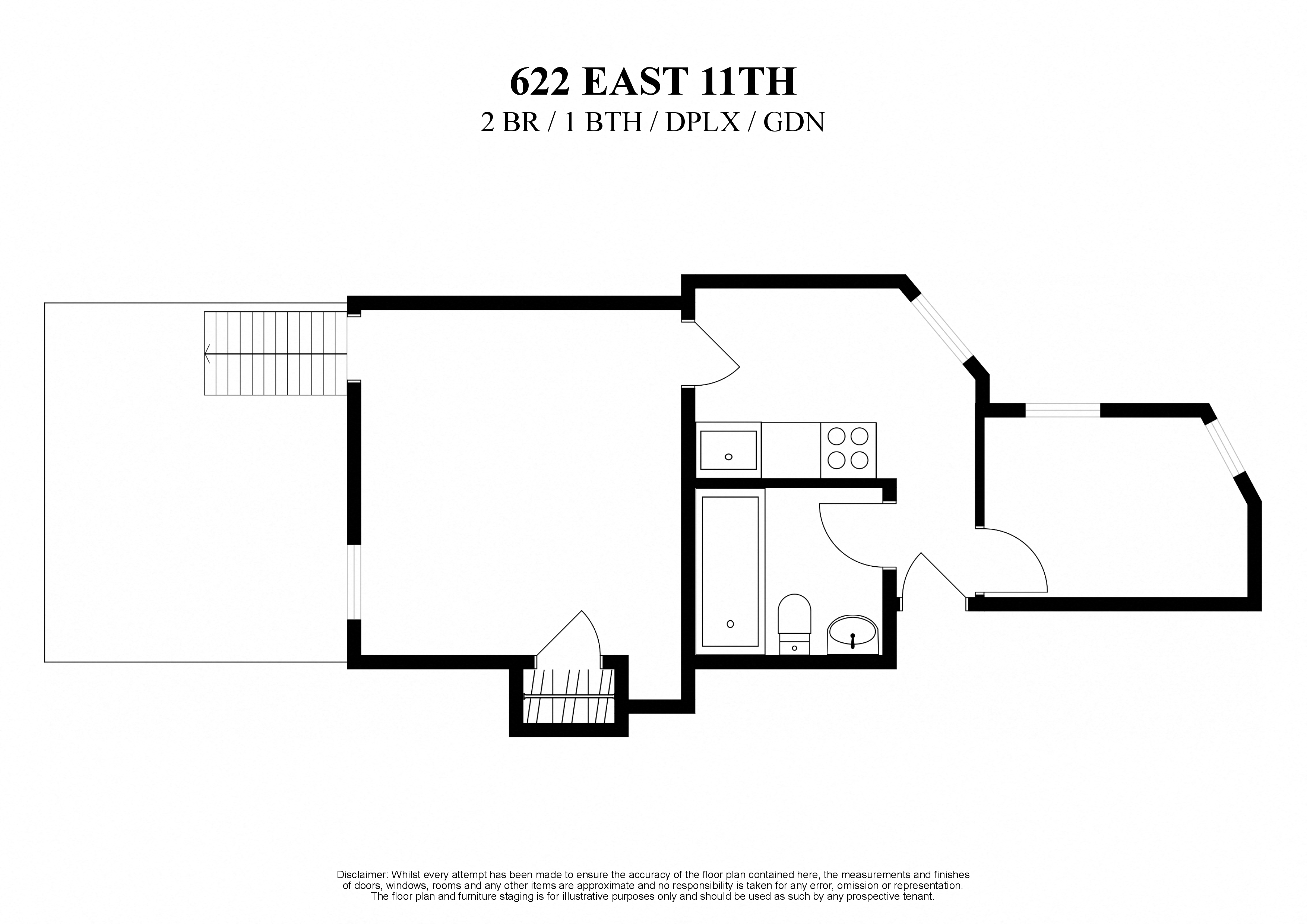 Floor plan for 2 beds, 1 bath, 300 sqft